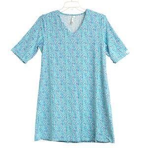 LuLu B Dress Sz L Palm Tree Print Blue Dress Beachy Resort Stretch Poolside Soft